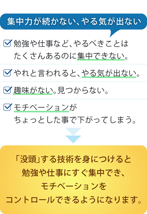 【集中力が続かない、やる気が出ない】1.勉強や仕事など、やるべきことはたくさんあるのに集中できない。／2.やれと言われると、やる気が出ない。／3.趣味がない。見つからない。／4.モチベーションがちょっとした事で下がってしまう。→「没頭」する技術を身につけると勉強や仕事にすぐ集中でき、モチベーションをコントロールできるようになります。