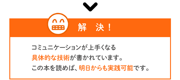 【解決】コミュニケーションが上手くなる具体的な技術が書かれています。この本を読めば、明日からも実践可能です。